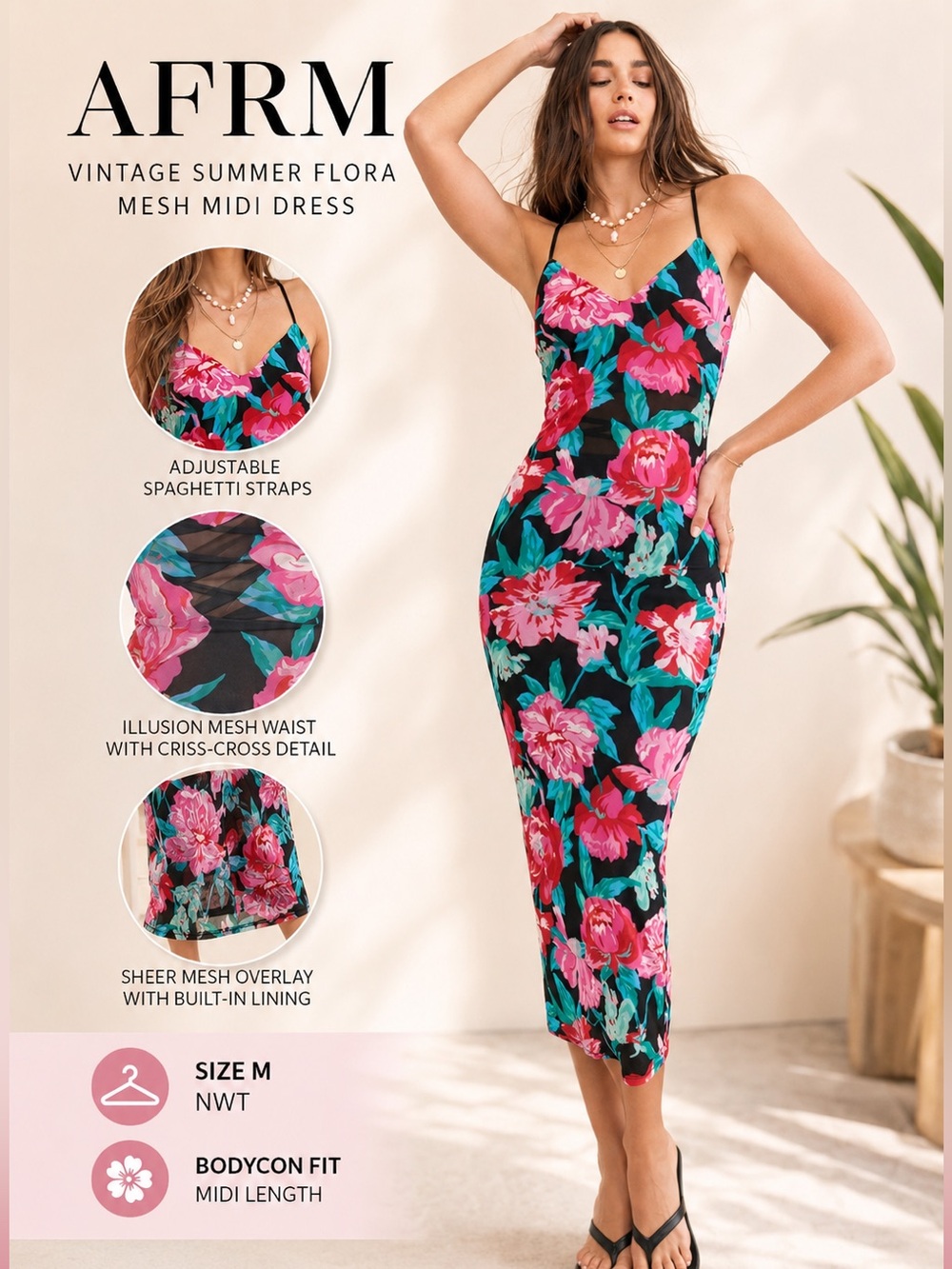 AFRM Vintage Summer Flora Mesh Midi Dress NWT Medium Floral Bodycon Sheer